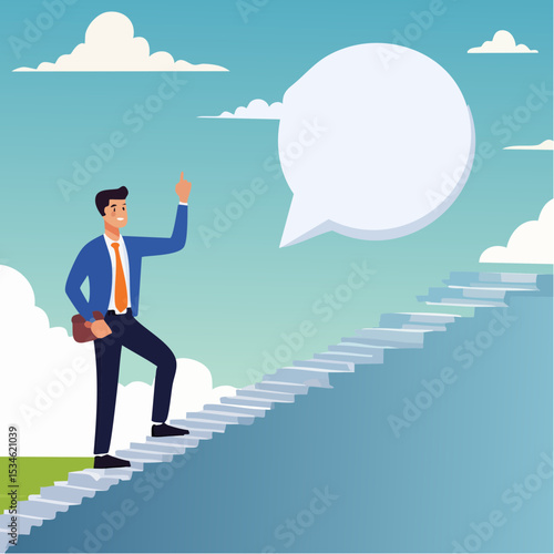 Advice, discussion talking, guidance, tips or suggestion for business success, help, wisdom, feedback to help develop improvement concept, businessman walk up speech bubble as stair to reach succes