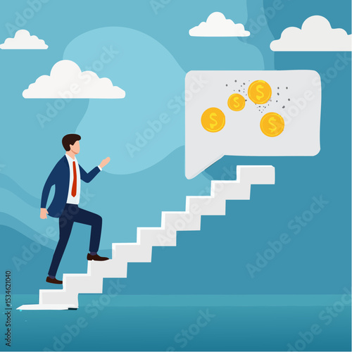 Advice, discussion talking, guidance, tips or suggestion for business success, help, wisdom, feedback to help develop improvement concept, businessman walk up speech bubble as stair to reach succes