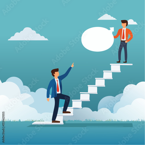 Advice, discussion talking, guidance, tips or suggestion for business success, help, wisdom, feedback to help develop improvement concept, businessman walk up speech bubble as stair to reach succes