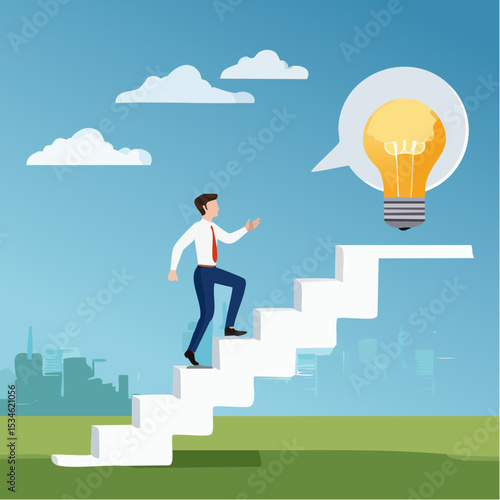 Advice, discussion talking, guidance, tips or suggestion for business success, help, wisdom, feedback to help develop improvement concept, businessman walk up speech bubble as stair to reach succes