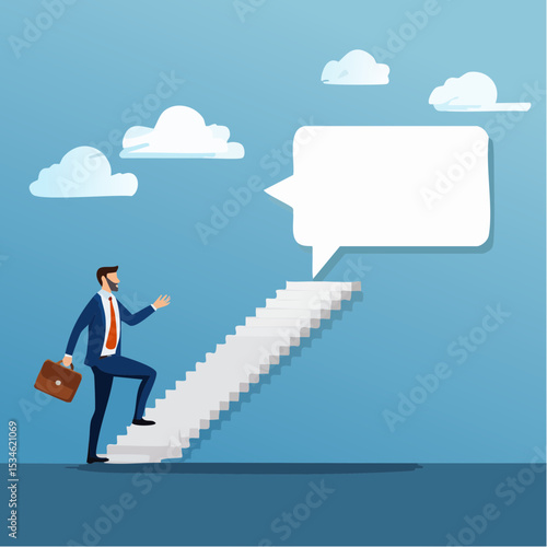 Advice, discussion talking, guidance, tips or suggestion for business success, help, wisdom, feedback to help develop improvement concept, businessman walk up speech bubble as stair to reach succes