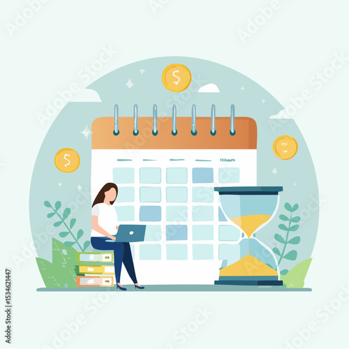 Calendar deadline to finish work, time countdown to launch date, reminder or planner, organize work or project management concept, businesswoman work computer laptop on sandglass and calendar dat