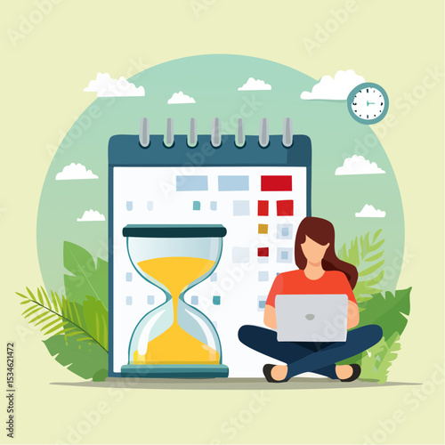 Calendar deadline to finish work, time countdown to launch date, reminder or planner, organize work or project management concept, businesswoman work computer laptop on sandglass and calendar dat