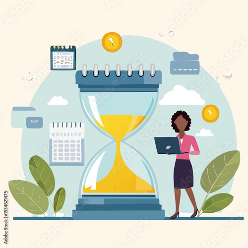 Calendar deadline to finish work, time countdown to launch date, reminder or planner, organize work or project management concept, businesswoman work computer laptop on sandglass and calendar dat
