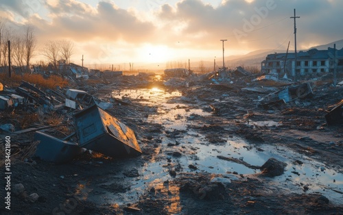 A realistic scene focused on natural disaster aftermath and environmental damage captured with natural lighting and depth.