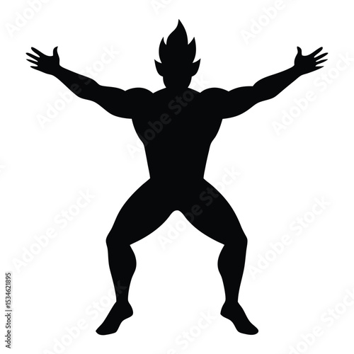 Muscular bodybuilder vector silhouette illustration isolated on white background. Sport man strong arms. Body builder athlete showing muscles.