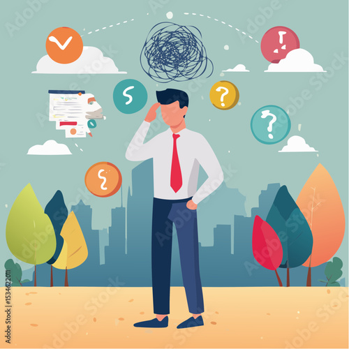 Overthinking, too much worried, stress or anxiety, self doubt, fear or indecision, obsession thoughts, mental exhaustion or negative emotional, overload concept, businessman overthinking mess hea