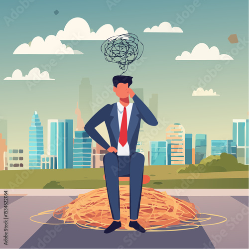 Overthinking, too much worried, stress or anxiety, self doubt, fear or indecision, obsession thoughts, mental exhaustion or negative emotional, overload concept, businessman overthinking mess hea