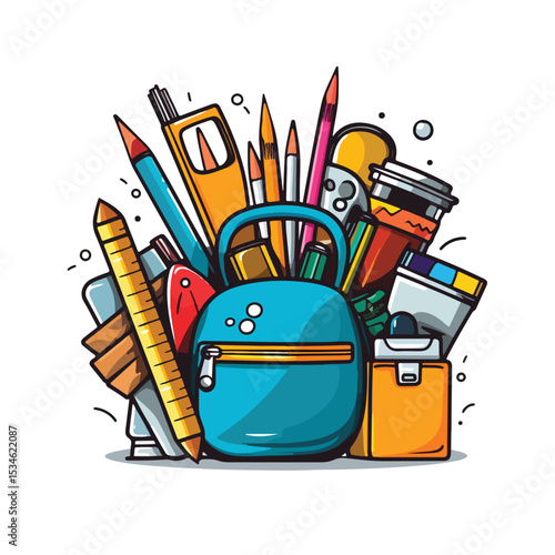 Colorful Cartoon Vector Illustration of School Supplies for Educational Content