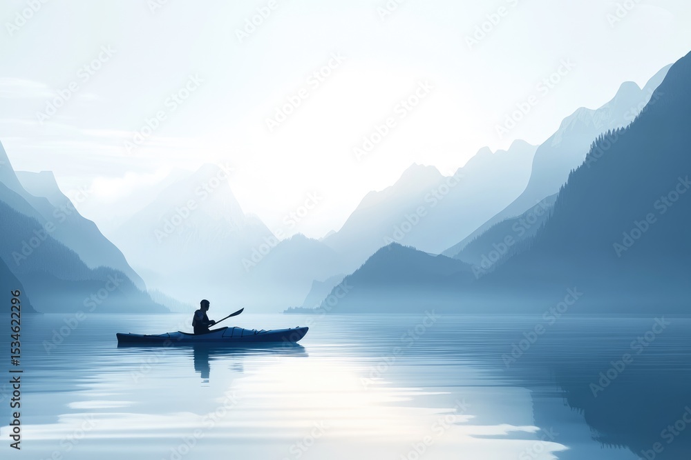 Fototapeta premium A solitary kayaker paddles across a tranquil lake, surrounded by majestic, misty blue mountains in a serene and peaceful atmosphere.