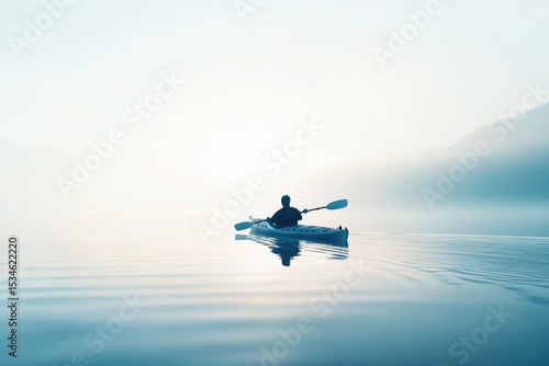 A lone kayaker paddles on a serene, misty lake, creating a peaceful and minimalist composition.