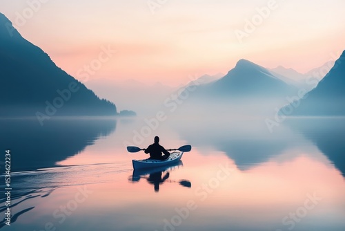 Silhouette of a kayaker paddling on a serene lake with misty mountains at sunset.