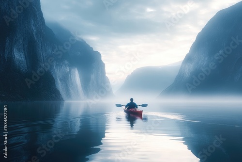 A lone kayaker paddles through a misty fjord, surrounded by towering mountains, creating a serene and adventurous atmosphere in a tranquil setting.
