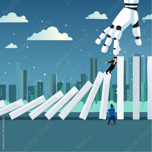 AI to disrupt human work, Artificial intelligence impact or challenge, job uncertainty future, innovation effect, AI change concept, AI robot arm push to collapse domino, businessman falling dow