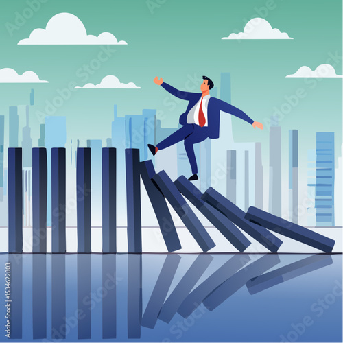 AI to disrupt human work, Artificial intelligence impact or challenge, job uncertainty future, innovation effect, AI change concept, AI robot arm push to collapse domino, businessman falling dow