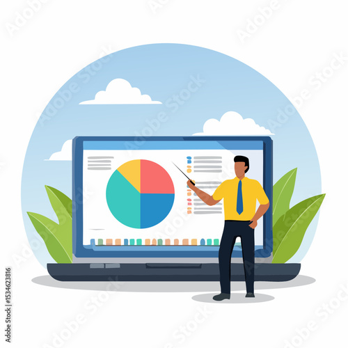 Explainer video online tutorial or training course, expertise explaining business strategy online, movie or education video clip, businessman expert explain business pie chart in video interfac