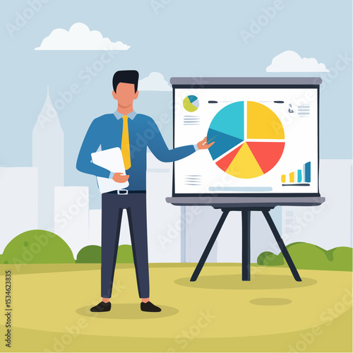 Explainer video online tutorial or training course, expertise explaining business strategy online, movie or education video clip, businessman expert explain business pie chart in video interfac
