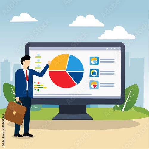 Explainer video online tutorial or training course, expertise explaining business strategy online, movie or education video clip, businessman expert explain business pie chart in video interfac