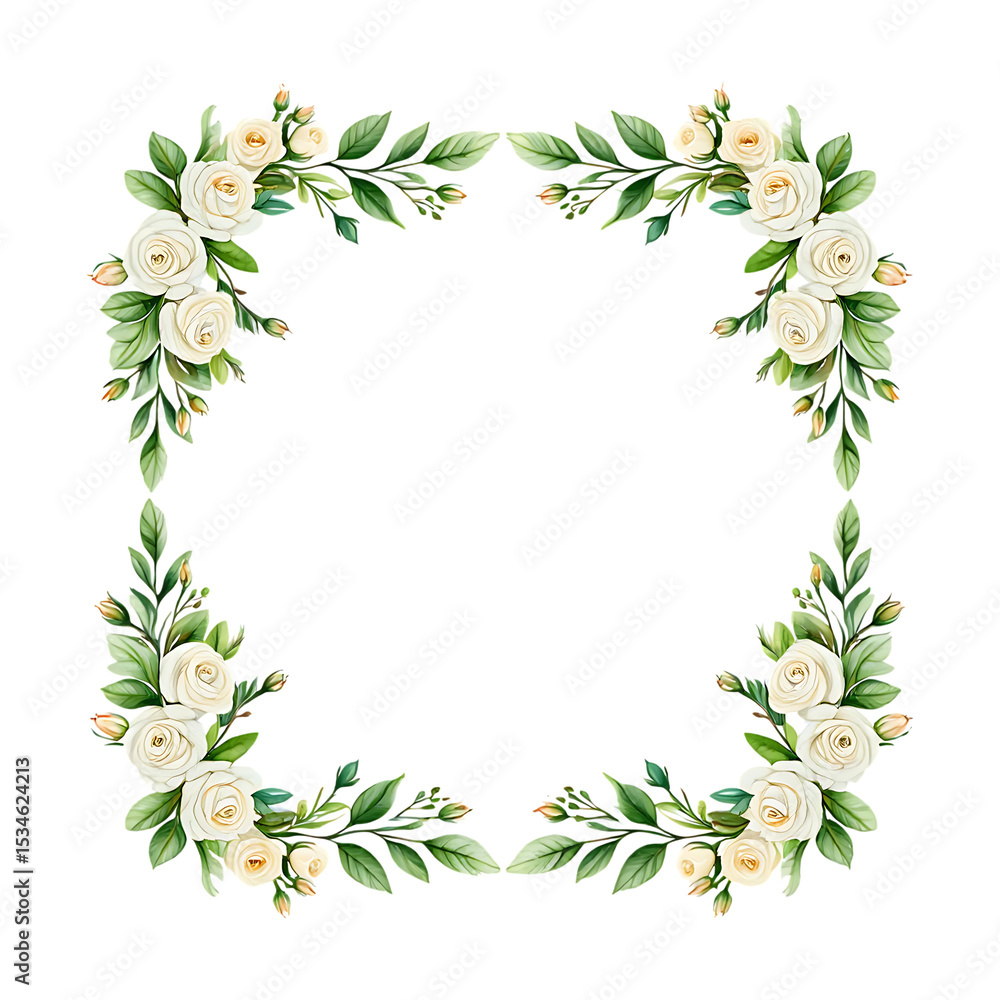 Elegant White Rose and Greenery Floral Frame Perfect for Wedding Invitations, Cards, and More Elegant White Rose and Greenery Floral Frame Perfect for Wedding Invitations, Cards, and More