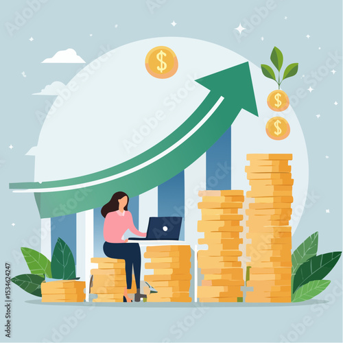 Increase income or salary raise, growing investment, wealth or saving profit, revenue rising, improvement or accumulate wealth concept, woman working with computer on banknote money growing grap