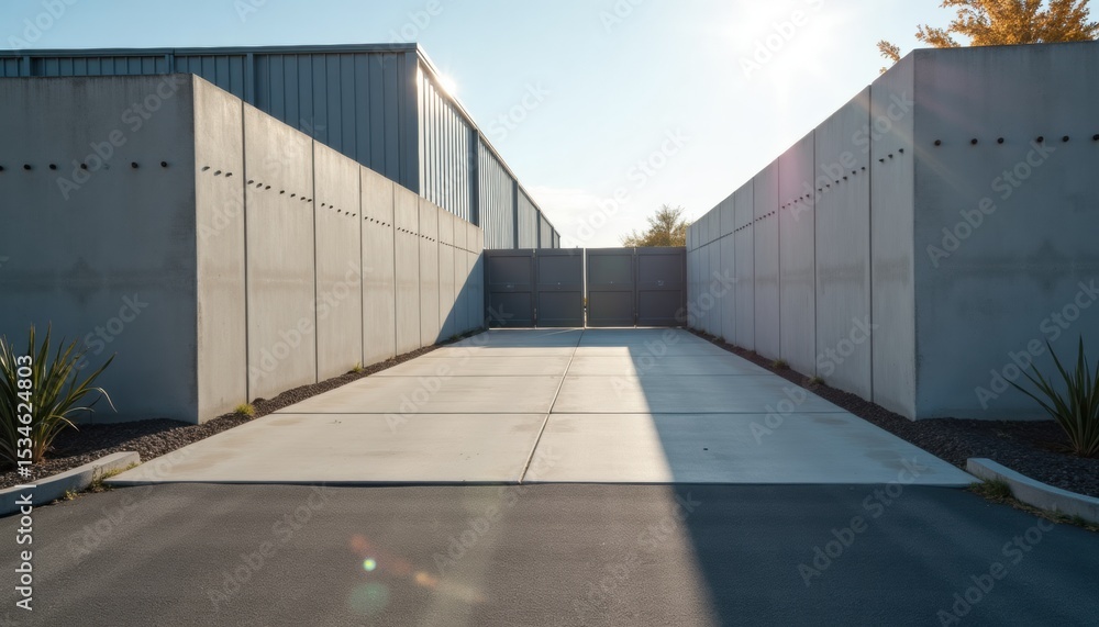 Obraz premium Modern concrete driveway leading to a minimalist garage entrance 