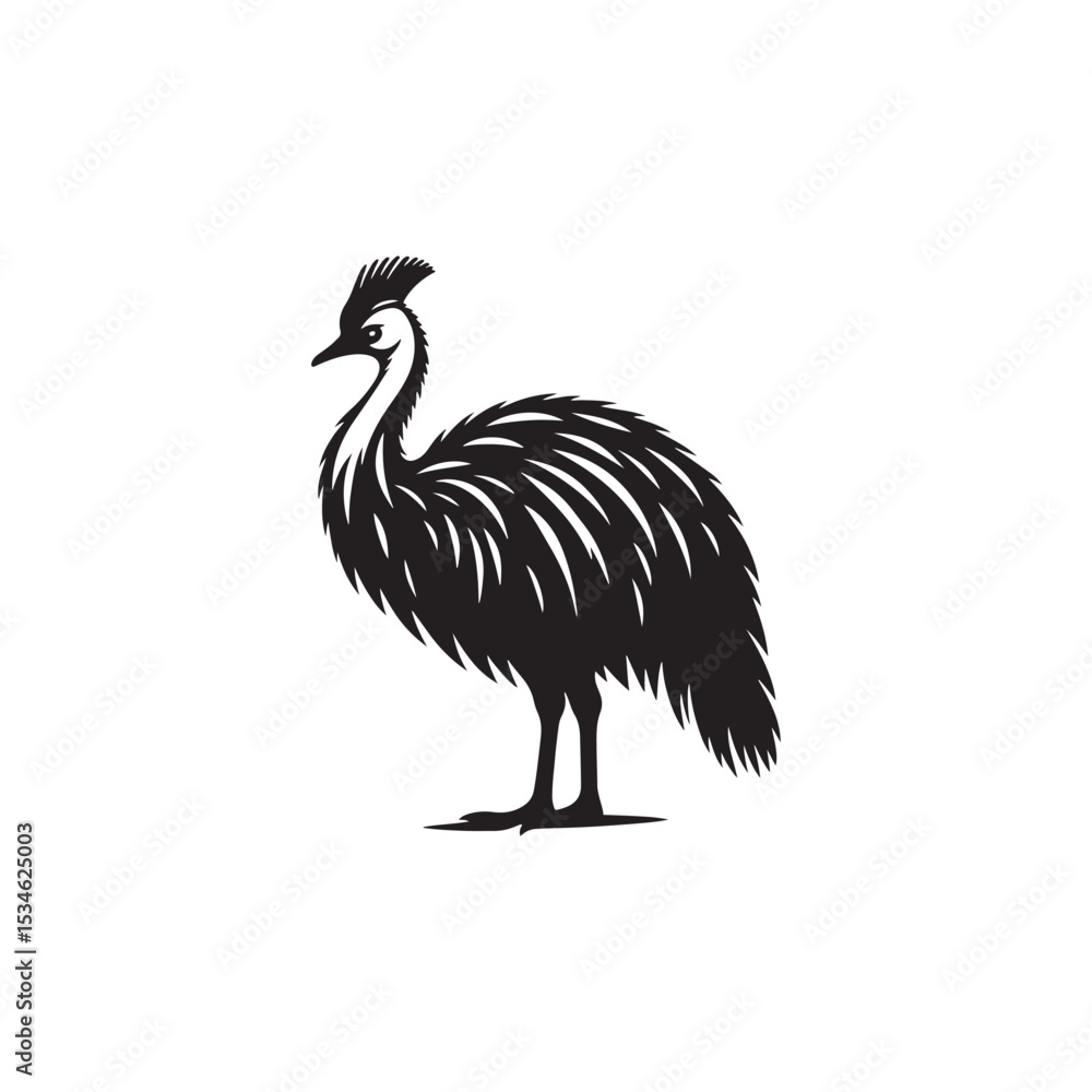 Fototapeta premium Powerful Cassowary Silhouette Vector Art – Bold Tropical Bird Design Featuring Distinctive Helmeted Head, Strong Legs, Jungle Wildlife Icon in Minimalist Black Outline for Modern Display 