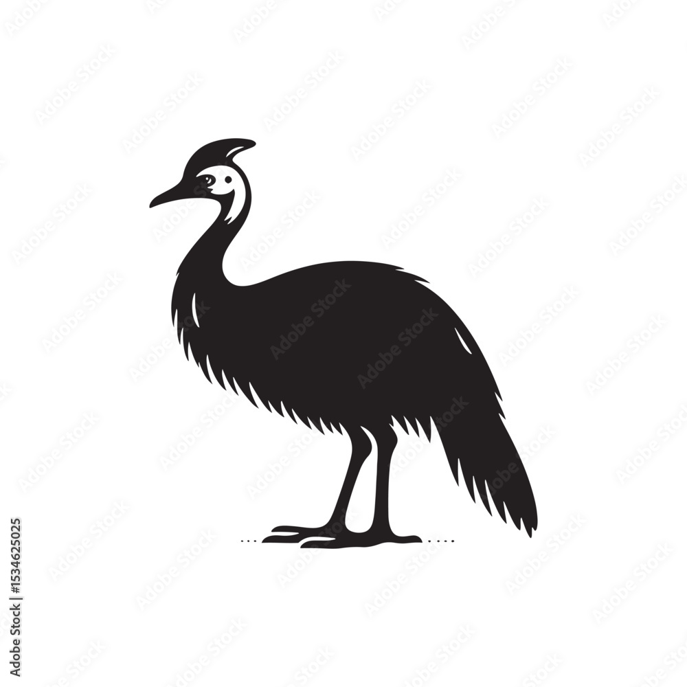 Fototapeta premium Powerful Cassowary Silhouette Vector Art – Bold Tropical Bird Design Featuring Distinctive Helmeted Head, Strong Legs, Jungle Wildlife Icon in Minimalist Black Outline for Modern Display 