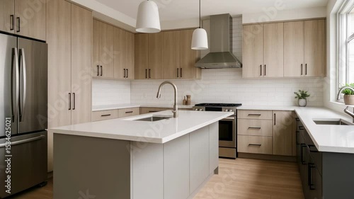 Modern kitchen with light wood cabinets and stainless steel appliances, captured from a wide-angle perspective, ideal for a home tour video.