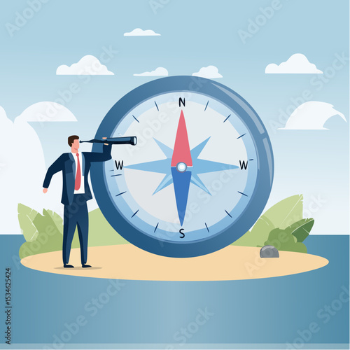 Business compass guidance direction or opportunity, make decision for business direction, finding investment opportunity, leadership or visionary concept, businessman with binocular and compas
