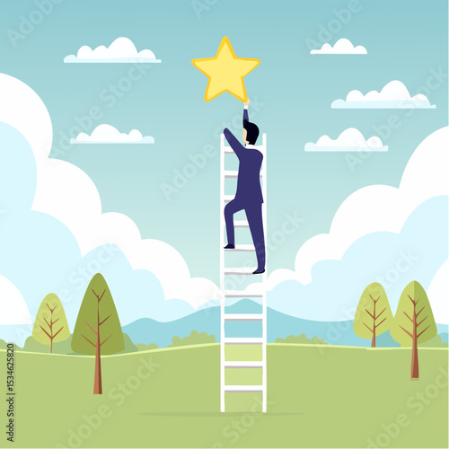 Success ladder to reach goal, achievement or opportunity, climb up ladder to get new hope, accomplishment or career development concept, businessman climb up ladder of success to reach star targe