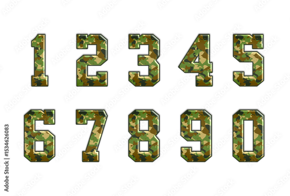 Naklejka premium Full Set of Embossed Camouflage Numbers 1 to 9 High Resolution with Transparent Background