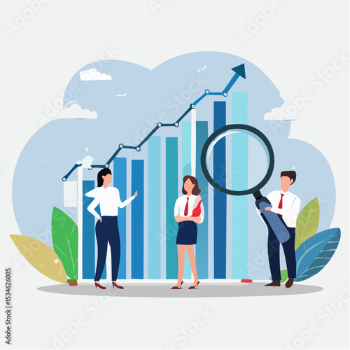Data analysis, optimization or marketing analytics for statistics improvement, growth or KPI measurement result, chart or diagram concept, business people hold magnifying glass analyzing data char