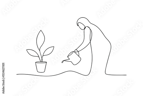 Woman watering a potted plant single line drawing minimalist art