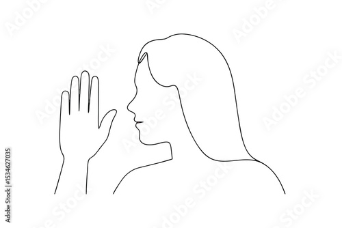 Woman silhouette raising hand stop gesture minimalist line art