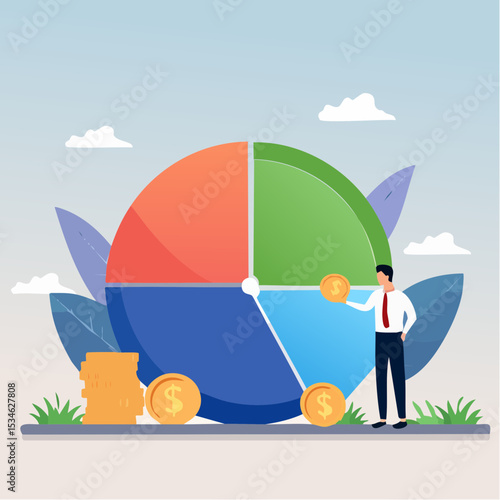 Budget planning, financial expense or spending allocation, investment, income, saving percentage pie chart, cost tracking or debt management concept, businessman analyze budget allocation pie char