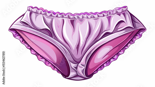 Shiny satin French cut panties in soft lilac with scalloped trim on white background. The vintage elegance adds charm to luxury lingerie vector artworks and beauty-themed collections.

