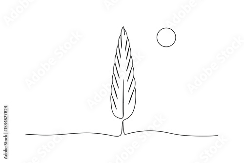 Single line drawing cypress tree minimalist landscape sun