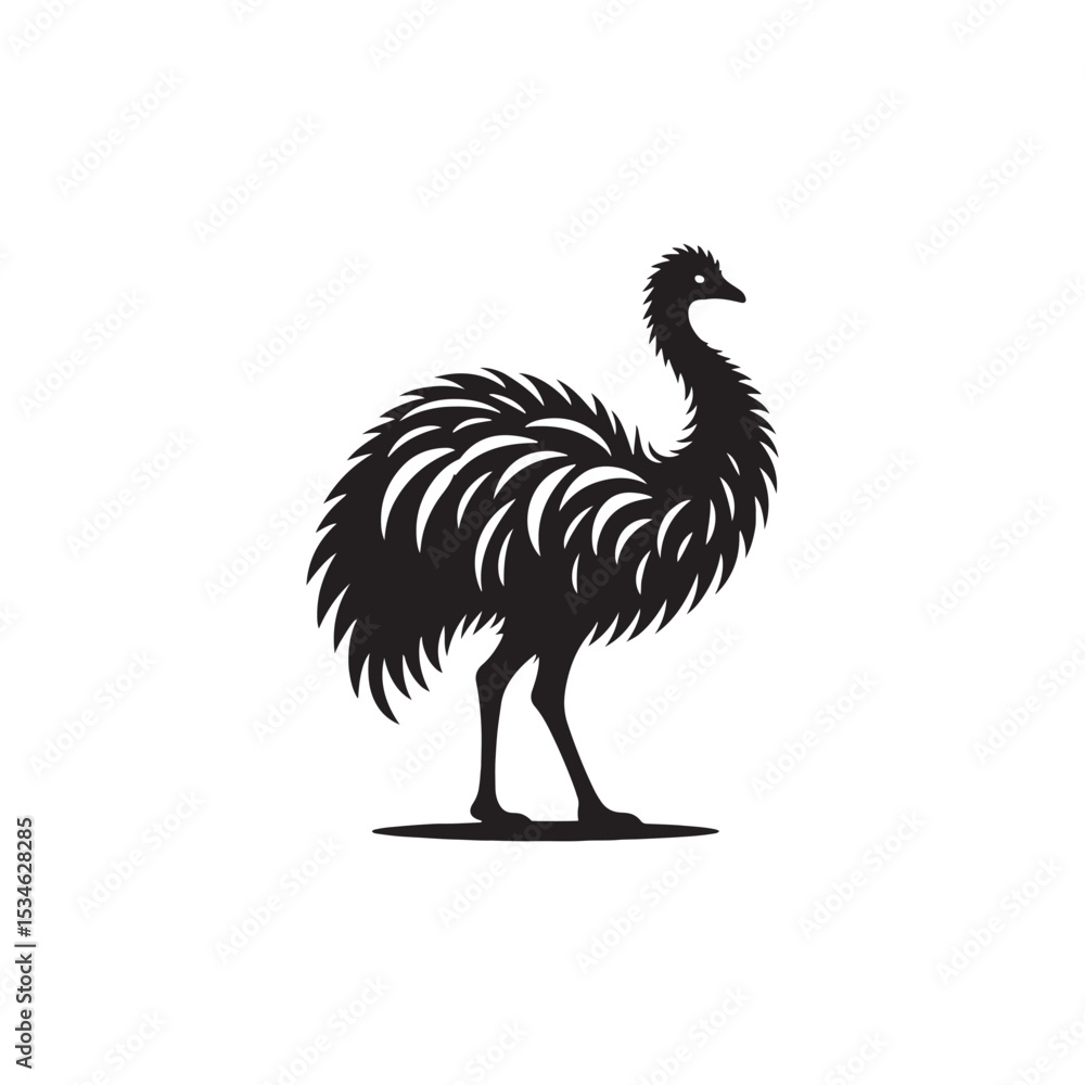 Fototapeta premium Emu Silhouette Vector Design – Tall Flightless Bird Graphic Featuring Distinctive Long Neck and Legs, Minimalist Black Outline Style Perfect for Wildlife Art, Logos, and Prints 