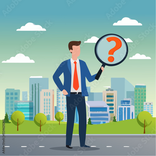 Observation or examination, curiosity to discover secret, search or analyze information, investigate or research concept, curious businessman holding magnifying glass observe data with question mar