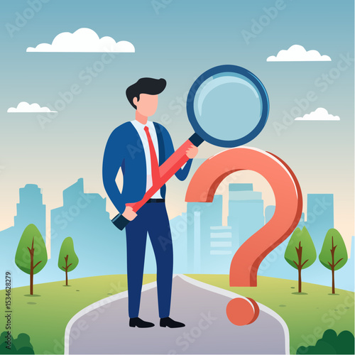 Observation or examination, curiosity to discover secret, search or analyze information, investigate or research concept, curious businessman holding magnifying glass observe data with question mar