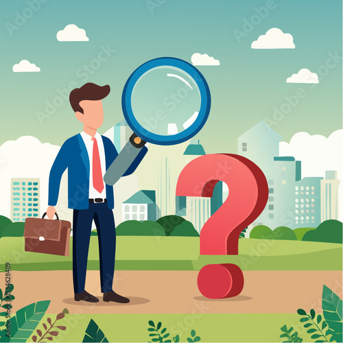 Observation or examination, curiosity to discover secret, search or analyze information, investigate or research concept, curious businessman holding magnifying glass observe data with question mar