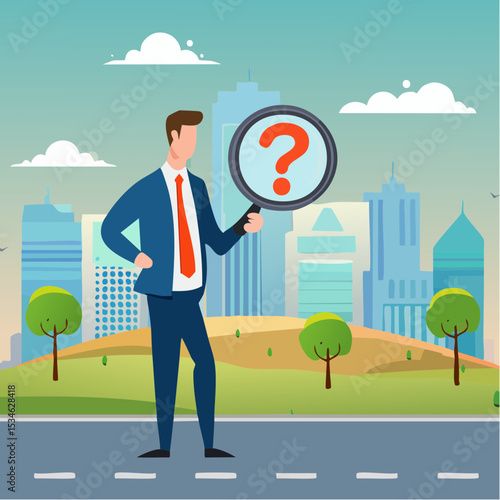 Observation or examination, curiosity to discover secret, search or analyze information, investigate or research concept, curious businessman holding magnifying glass observe data with question mar
