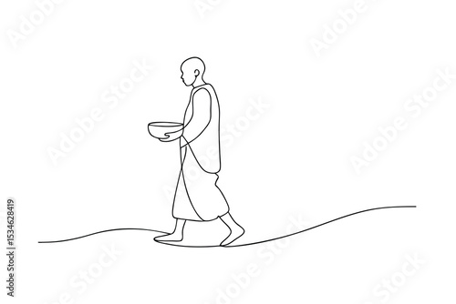 Monk walking with bowl single line art minimalist design
