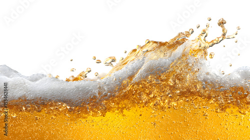 Refreshing golden beer splashing with bubbly foam and drops against a isolated on white transparent background representing celebration and enjoyment