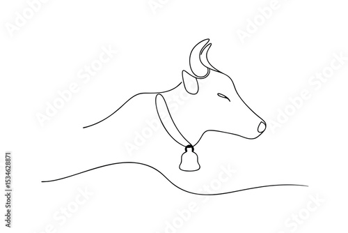 Single line drawing cow with bell minimalist farm animal illustration