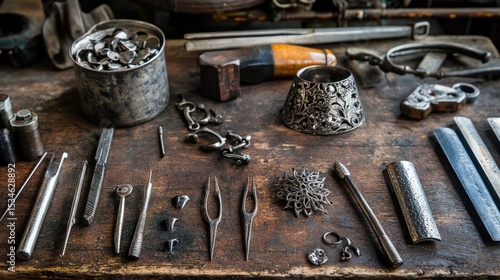 Vintage workshop tools and materials for crafting, including metalwork, jewelry making, and artisan crafts on wooden surface