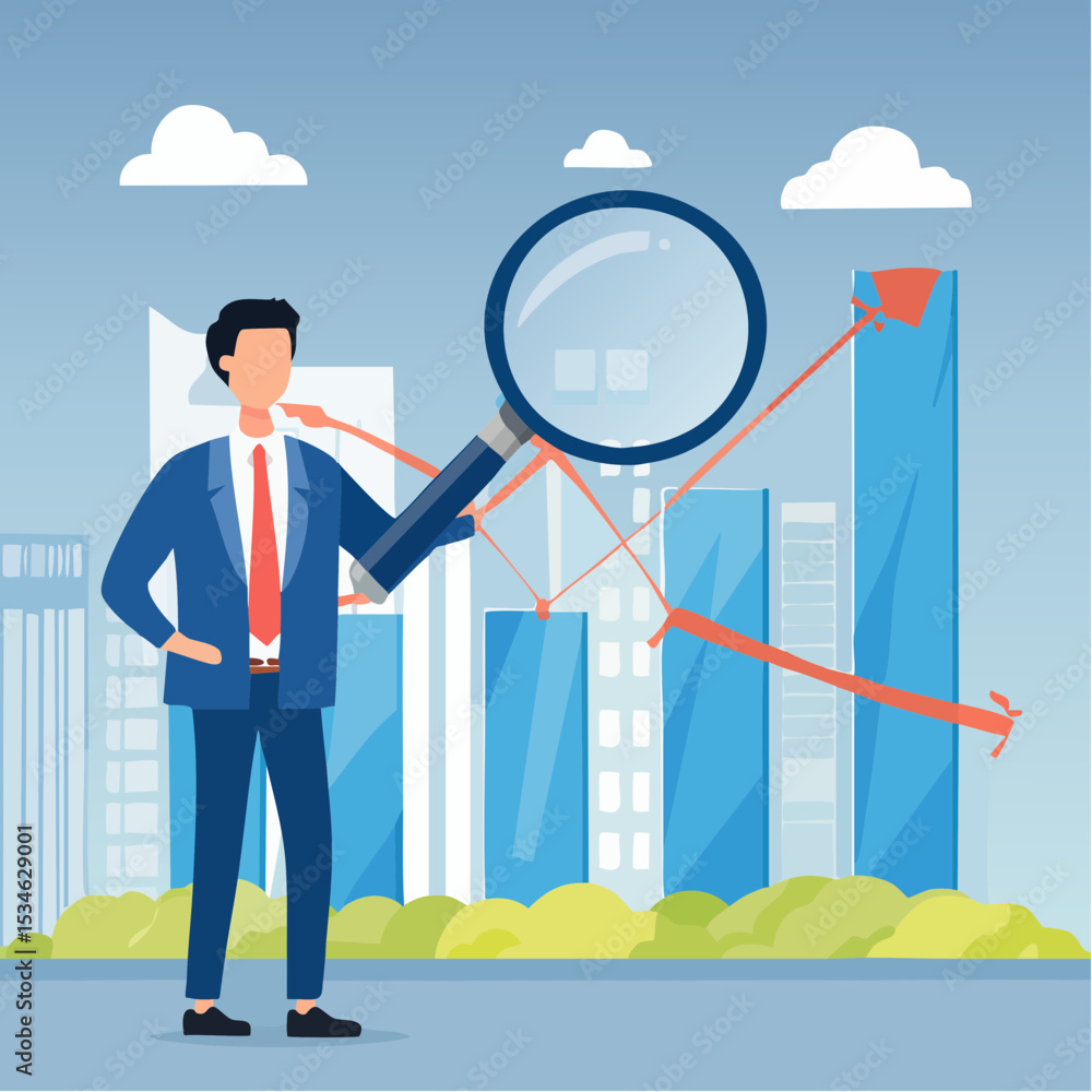 Company transparency, business analysis or report, information or statistic, search for market growth, economic or improvement concept, businessman look through magnifying glass analyze grap Company transparency, business analysis or report, information or statistic, search for market growth, economic or improvement concept, businessman look through magnifying glass analyze grap