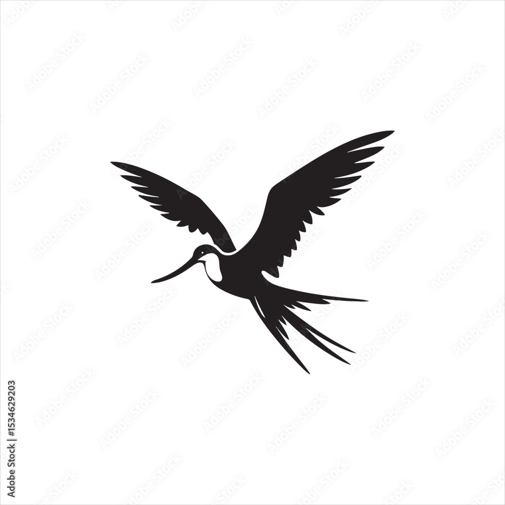 Fototapeta premium Soaring Frigatebird Silhouette Vector – Majestic Seabird with Inflated Throat Pouch, Long Wingspan, Minimal Black Outline Perfect for Nautical Wildlife Art, Logos, and Decor 