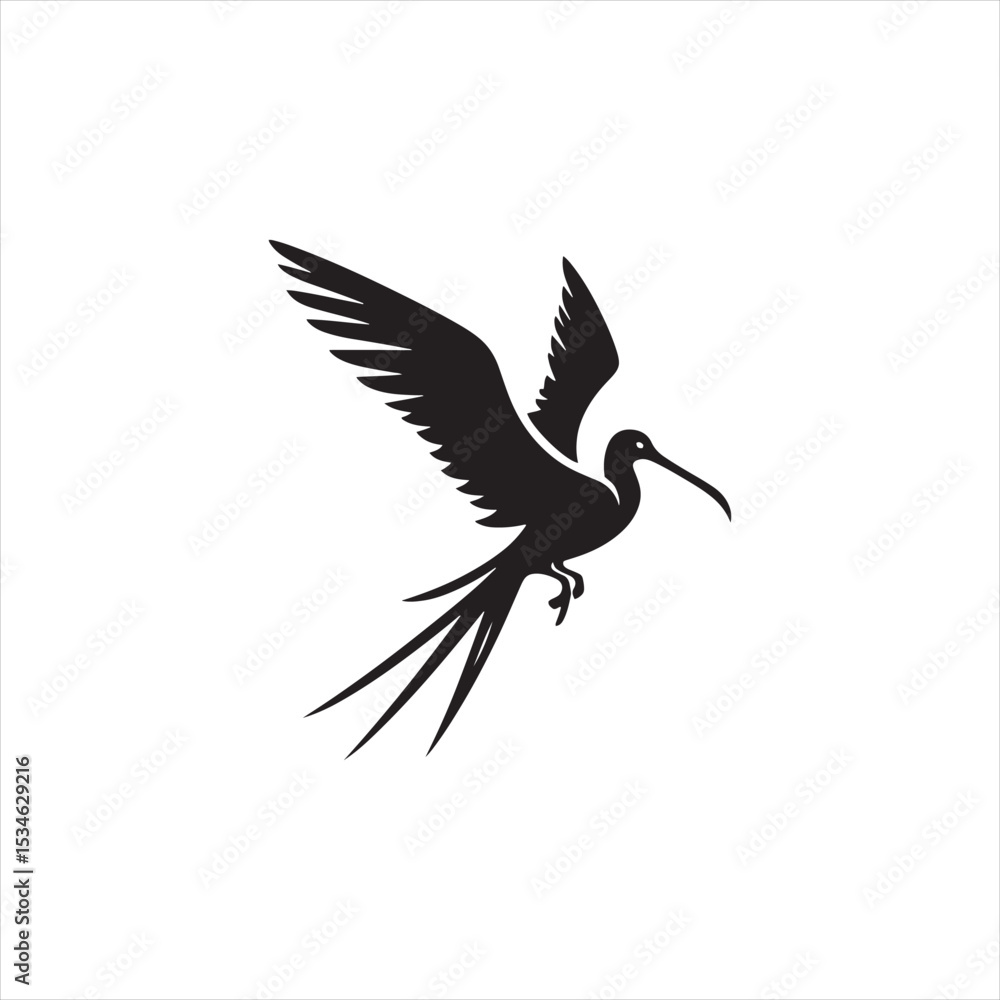 Obraz premium Soaring Frigatebird Silhouette Vector – Majestic Seabird with Inflated Throat Pouch, Long Wingspan, Minimal Black Outline Perfect for Nautical Wildlife Art, Logos, and Decor 