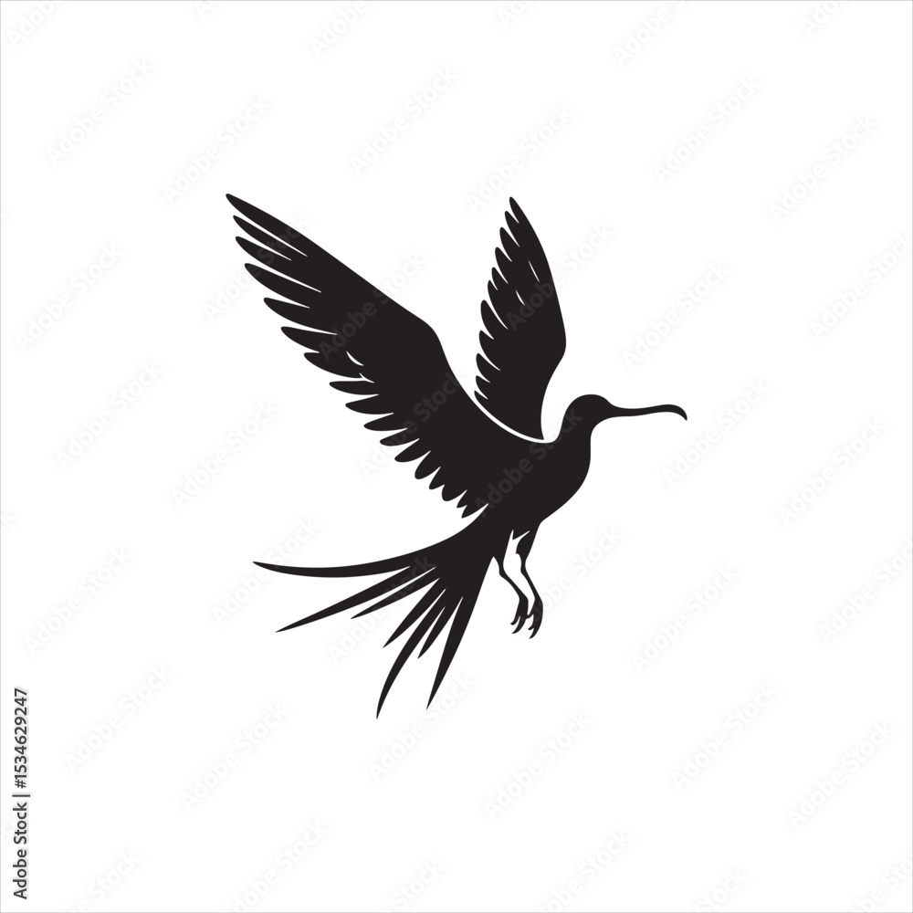 Obraz premium Soaring Frigatebird Silhouette Vector – Majestic Seabird with Inflated Throat Pouch, Long Wingspan, Minimal Black Outline Perfect for Nautical Wildlife Art, Logos, and Decor 
